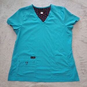 Koi Basics Becca Scrub Top Turquoise Blue V-Neck Short Sleeve Pockets M